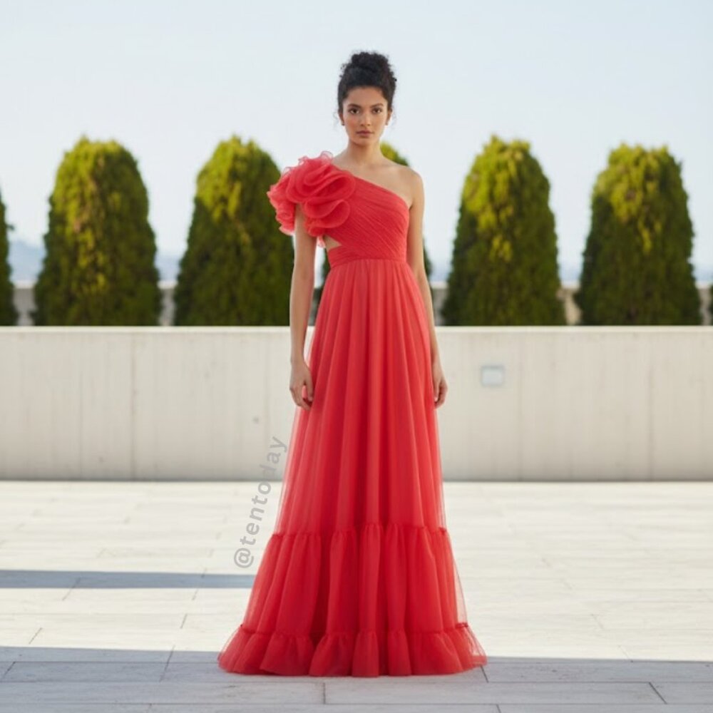 Mac Duggal Size 4‎ Watermelon Pink Ruffled Corset Back Long Maxi Dress Gown